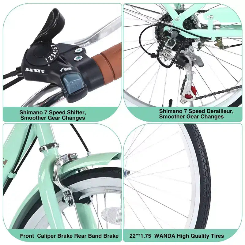 Bici da crociera Okak 22 pollici con cestino anteriore, bici da ragazza con telaio in acciaio, freno a V e sella comfort, bici per adulti per ragazze e donne
