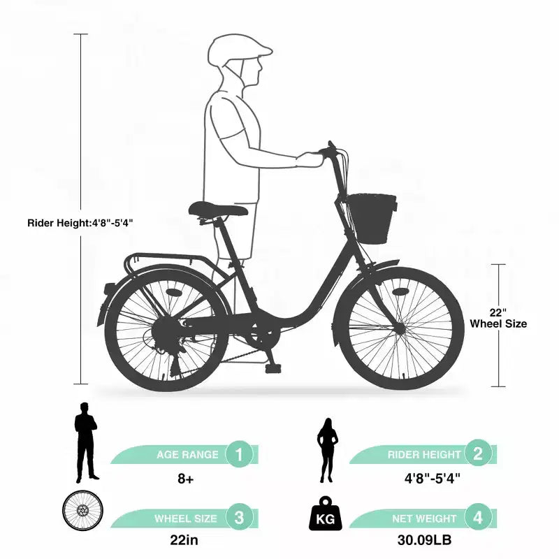 Bici da crociera Okak 22 pollici con cestino anteriore, bici da ragazza con telaio in acciaio, freno a V e sella comfort, bici per adulti per ragazze e donne
