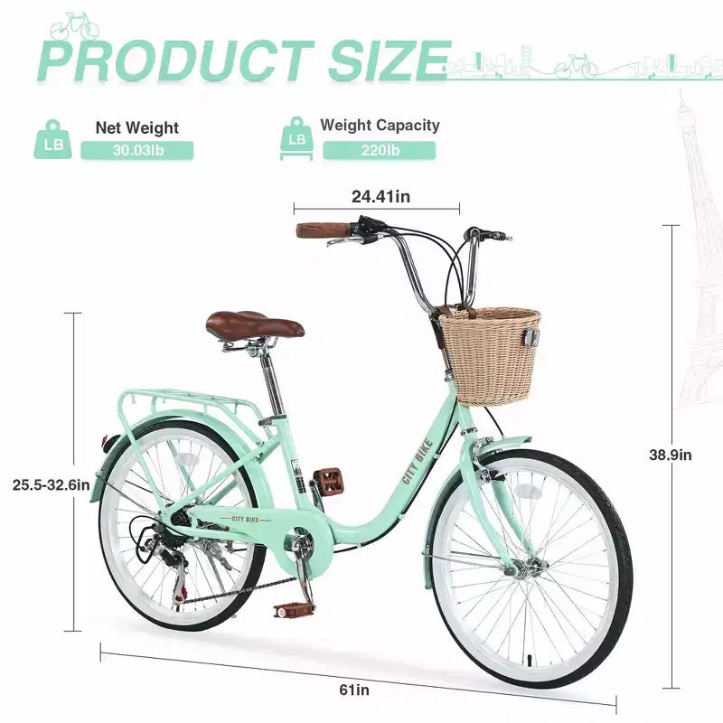 Bici da crociera Okak 22 pollici con cestino anteriore, bici da ragazza con telaio in acciaio, freno a V e sella comfort, bici per adulti per ragazze e donne