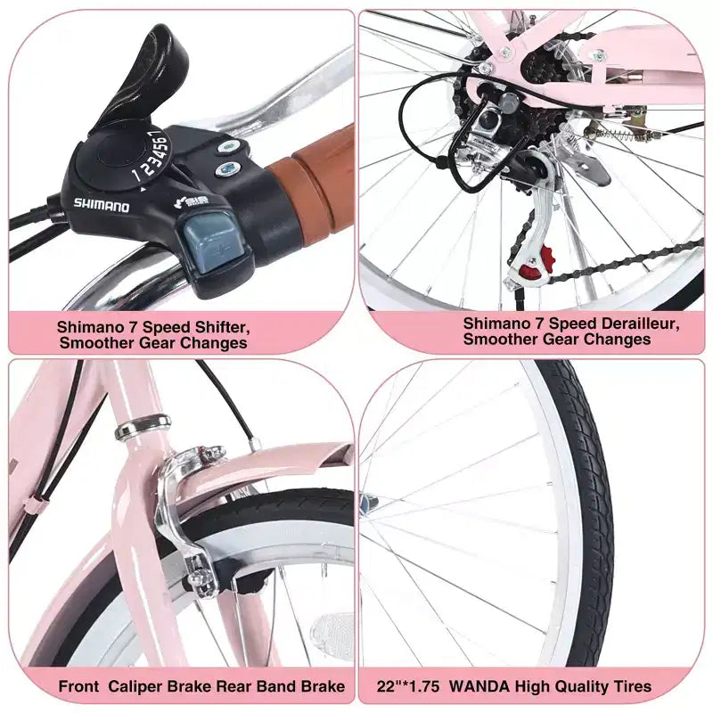 Bici da crociera Okak 22 pollici con cestino anteriore, bici da ragazza con telaio in acciaio, freno a V e sella comfort, bici per adulti per ragazze e donne