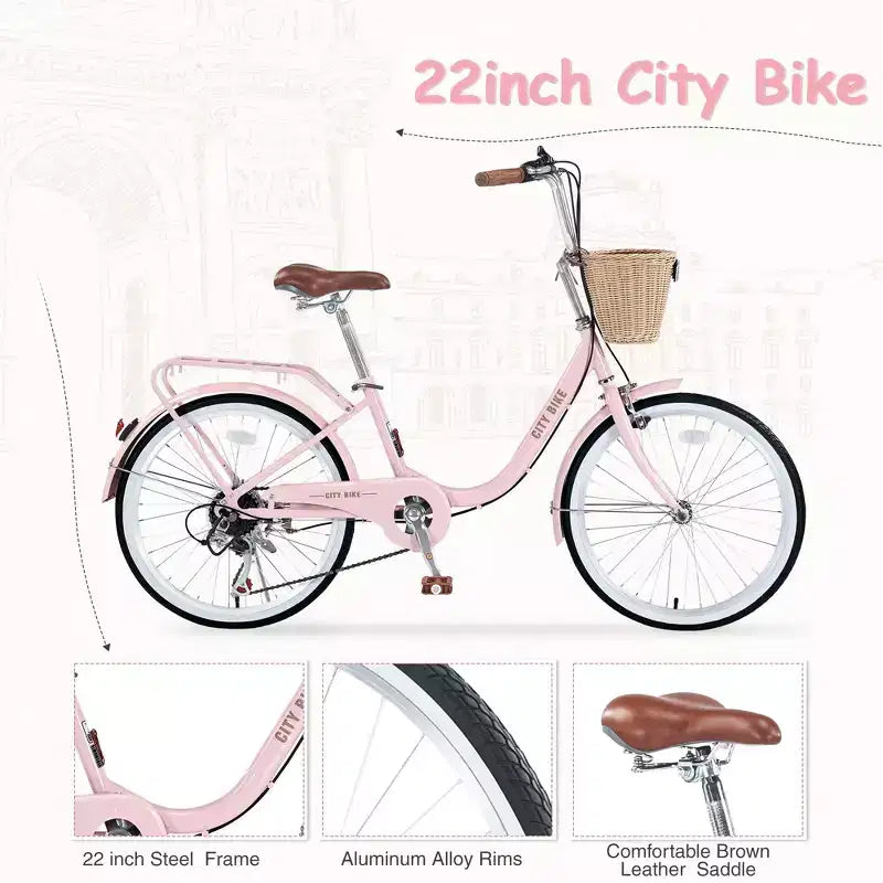 Bici da crociera Okak 22 pollici con cestino anteriore, bici da ragazza con telaio in acciaio, freno a V e sella comfort, bici per adulti per ragazze e donne