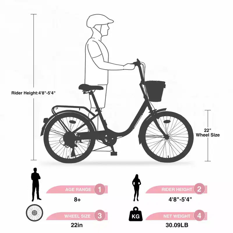 Bici da crociera Okak 22 pollici con cestino anteriore, bici da ragazza con telaio in acciaio, freno a V e sella comfort, bici per adulti per ragazze e donne