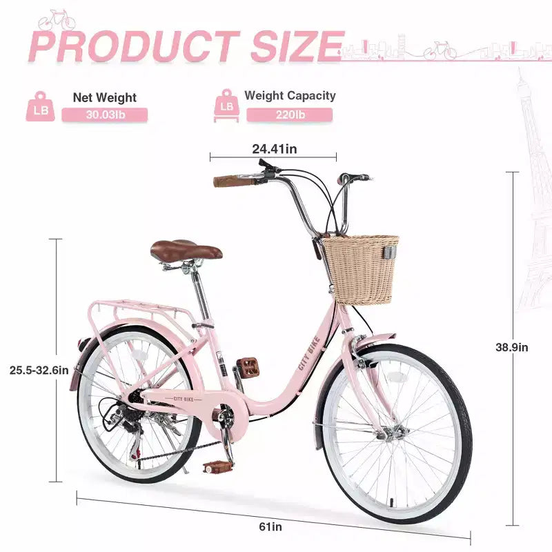 Bici da crociera Okak 22 pollici con cestino anteriore, bici da ragazza con telaio in acciaio, freno a V e sella comfort, bici per adulti per ragazze e donne