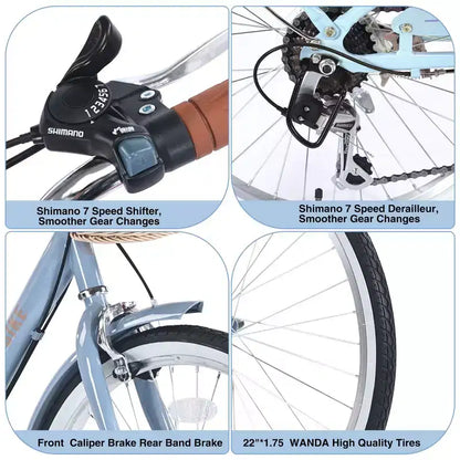 Bici da crociera Okak 22 pollici con cestino anteriore, bici da ragazza con telaio in acciaio, freno a V e sella comfort, bici per adulti per ragazze e donne