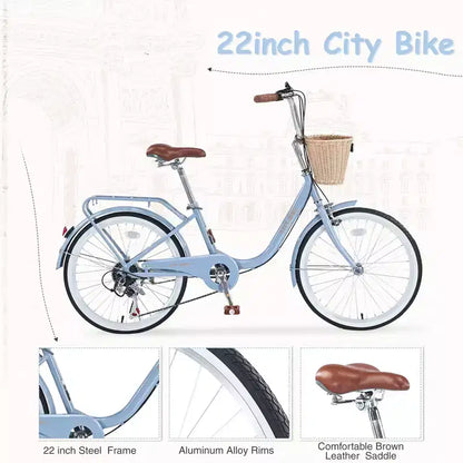Bici da crociera Okak 22 pollici con cestino anteriore, bici da ragazza con telaio in acciaio, freno a V e sella comfort, bici per adulti per ragazze e donne