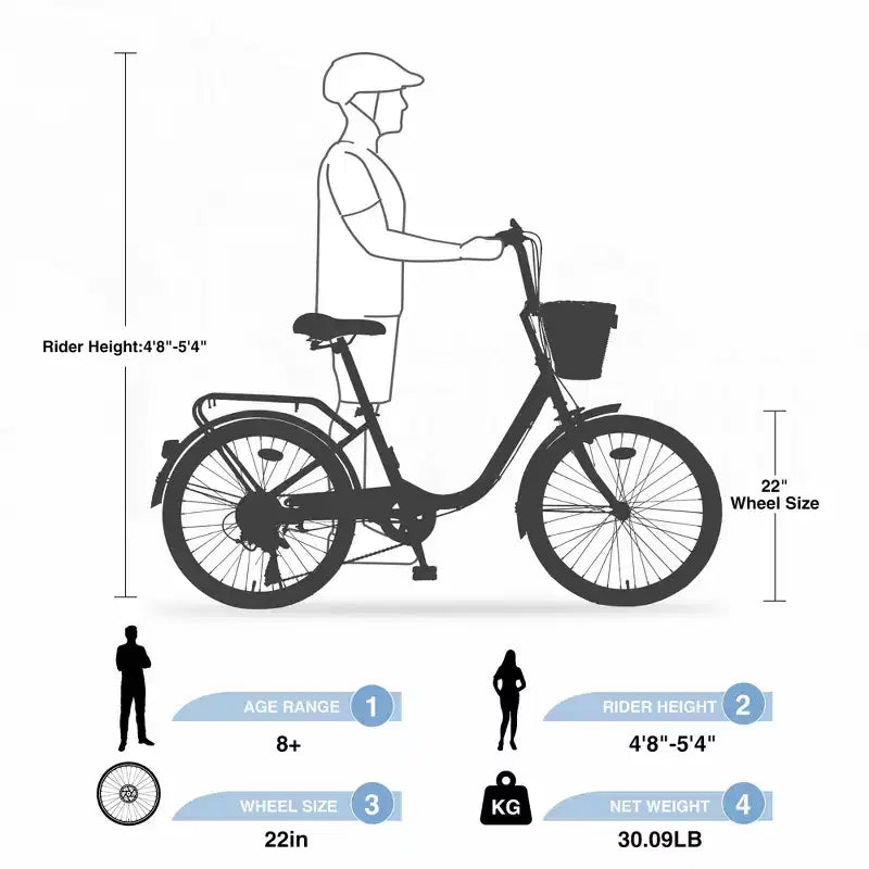 Bici da crociera Okak 22 pollici con cestino anteriore, bici da ragazza con telaio in acciaio, freno a V e sella comfort, bici per adulti per ragazze e donne