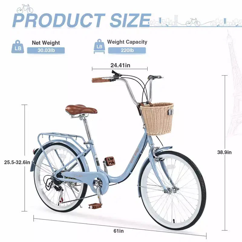 Bici da crociera Okak 22 pollici con cestino anteriore, bici da ragazza con telaio in acciaio, freno a V e sella comfort, bici per adulti per ragazze e donne