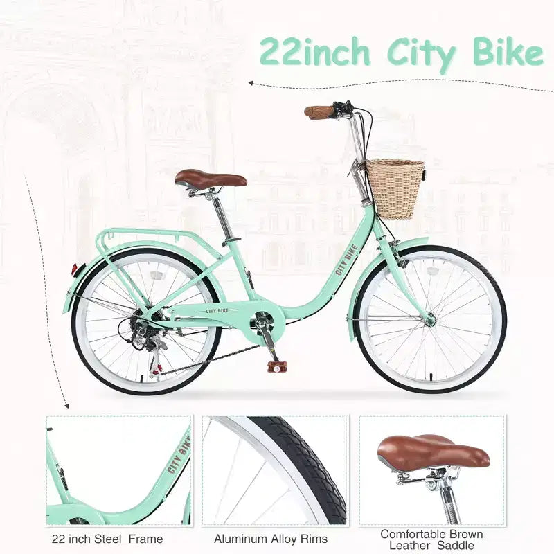 Bici da crociera Okak 22 pollici con cestino anteriore, bici da ragazza con telaio in acciaio, freno a V e sella comfort, bici per adulti per ragazze e donne