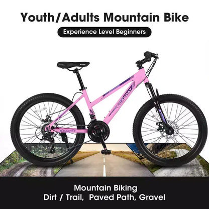 Okak 24/26IN Mountain Bike with 21 Speeds and Dual Disc Brakes, Kids Bike with 100mm Front Suspension, Dirt Bike for Teenagers and Women