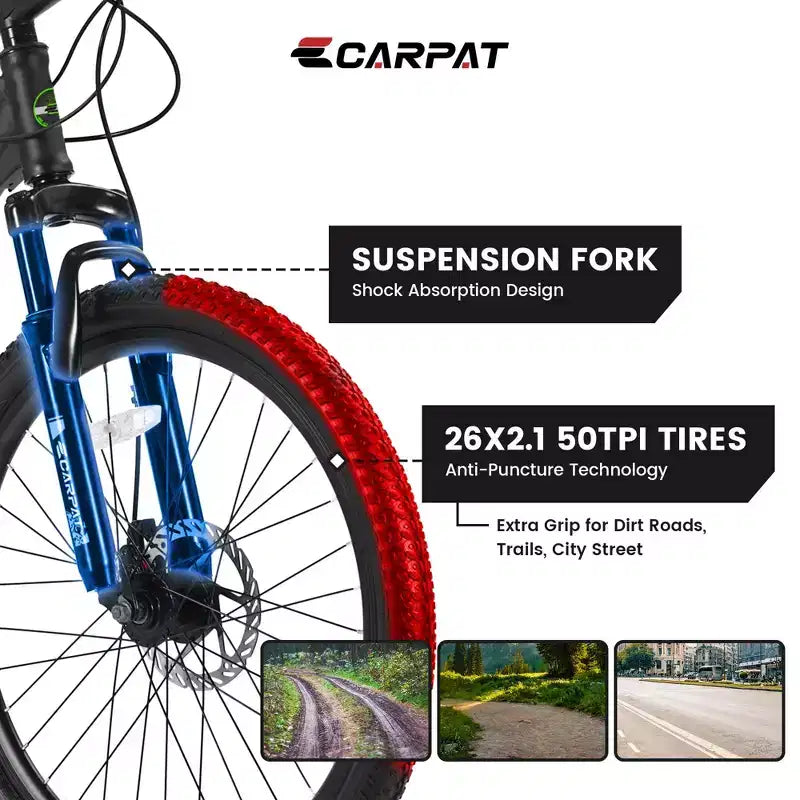 Okak 26IN Mountain Bike with 21 Speeds and Disc Brakes, Kids Dirt Bike with High-Carbon Steel Frame, Mens Bike for Adult & Teenagers