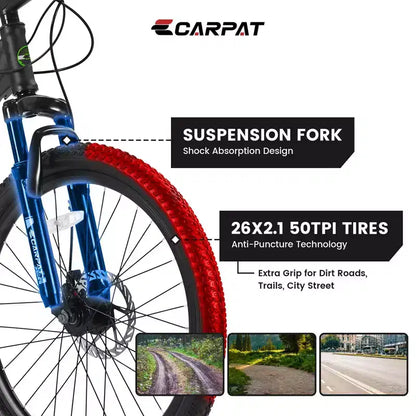 Okak 26IN Mountain Bike with 21 Speeds and Disc Brakes, Kids Dirt Bike with High-Carbon Steel Frame, Mens Bike for Adult & Teenagers