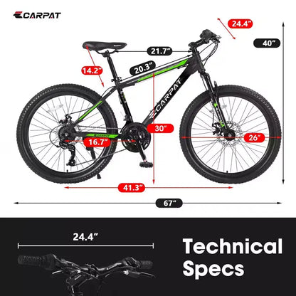 Okak 26IN Mountain Bike with 21 Speeds and Disc Brakes, Kids Dirt Bike with High-Carbon Steel Frame, Mens Bike for Adult & Teenagers