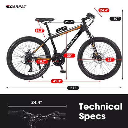 Okak 26IN Mountain Bike with 21 Speeds and Disc Brakes, Kids Dirt Bike with High-Carbon Steel Frame, Mens Bike for Adult & Teenagers