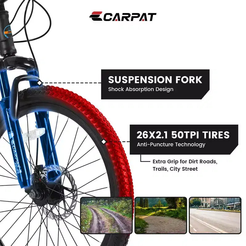 Okak 26IN Mountain Bike with 21 Speeds and Disc Brakes, Kids Dirt Bike with High-Carbon Steel Frame, Mens Bike for Adult & Teenagers