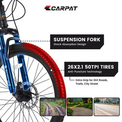 Okak 26IN Mountain Bike with 21 Speeds and Disc Brakes, Kids Dirt Bike with High-Carbon Steel Frame, Mens Bike for Adult & Teenagers