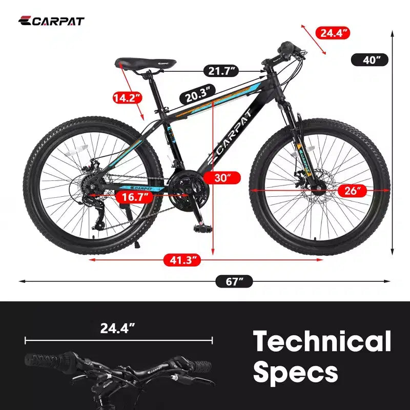 Okak 26IN Mountain Bike with 21 Speeds and Disc Brakes, Kids Dirt Bike with High-Carbon Steel Frame, Mens Bike for Adult & Teenagers