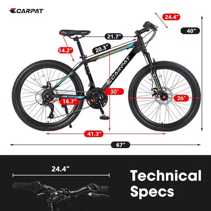 Okak 26IN Mountain Bike with 21 Speeds and Disc Brakes, Kids Dirt Bike with High-Carbon Steel Frame, Mens Bike for Adult & Teenagers