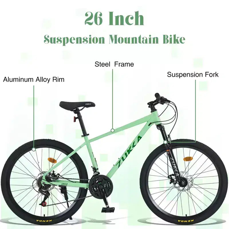 Bicicletta Okak 26 pollici per adulti con 24 velocità e forcella ammortizzata, mountain bike con pneumatici KENDA e freno a disco, bici fat tire per uomo e donna