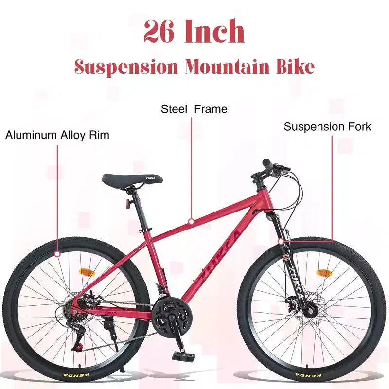 Bicicletta Okak 26 pollici per adulti con 24 velocità e forcella ammortizzata, mountain bike con pneumatici KENDA e freno a disco, bici fat tire per uomo e donna