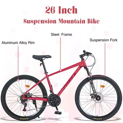 Bicicletta Okak 26 pollici per adulti con 24 velocità e forcella ammortizzata, mountain bike con pneumatici KENDA e freno a disco, bici fat tire per uomo e donna