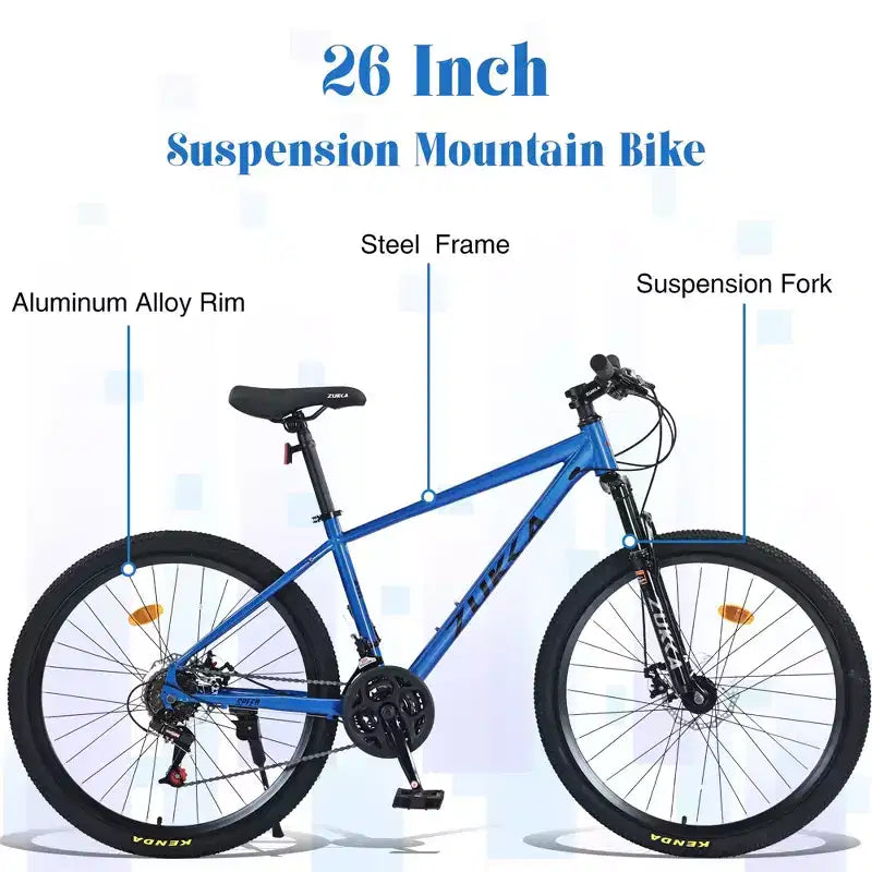 Bicicletta Okak 26 pollici per adulti con 24 velocità e forcella ammortizzata, mountain bike con pneumatici KENDA e freno a disco, bici fat tire per uomo e donna