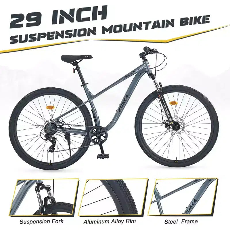 Okak 29IN Mountain Bike with 8 Speed System, Dirt Bike with Steel Frame and Front Suspension, Adult Bike for Men, Women, Boys and Girls
