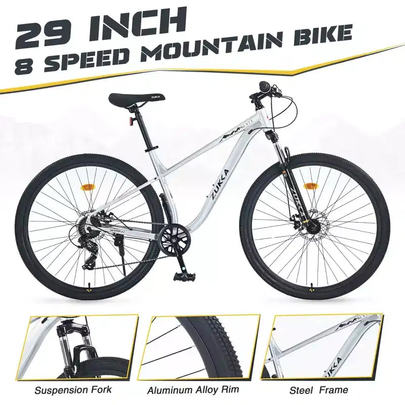 Okak 29IN Mountain Bike with 8 Speed System, Dirt Bike with Steel Frame and Front Suspension, Adult Bike for Men, Women, Boys and Girls