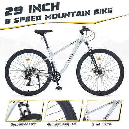 Okak 29IN Mountain Bike with 8 Speed System, Dirt Bike with Steel Frame and Front Suspension, Adult Bike for Men, Women, Boys and Girls