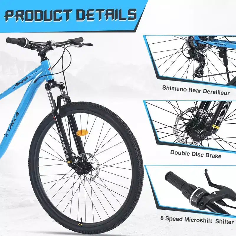 Okak 29IN Mountain Bike with 8 Speed System, Dirt Bike with Steel Frame and Front Suspension, Adult Bike for Men, Women, Boys and Girls