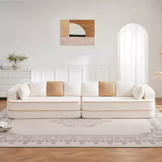 135 4-Seat Teddy Fabric No Assembly 32D High Density sponge Boneless Sofa Fluffy Comfy Couch,Oversize sofa for Living Room,White