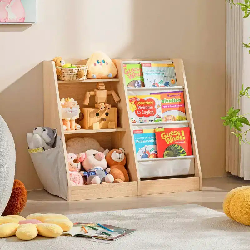 MAYEERTY 3 Tier Kids Wooden Bookshelf Extra Pocket Toy Storage for Kids Room
