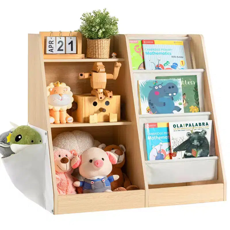 MAYEERTY Scaffale a 3 Ripiani in Legno per Bambini con Tasca Extra per Giocattoli per la Cameretta dei Bambini