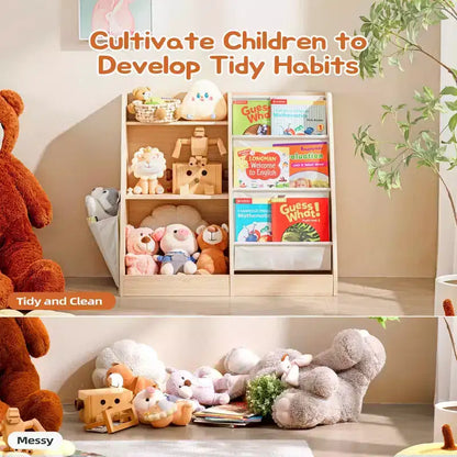 MAYEERTY Scaffale a 3 Ripiani in Legno per Bambini con Tasca Extra per Giocattoli per la Cameretta dei Bambini