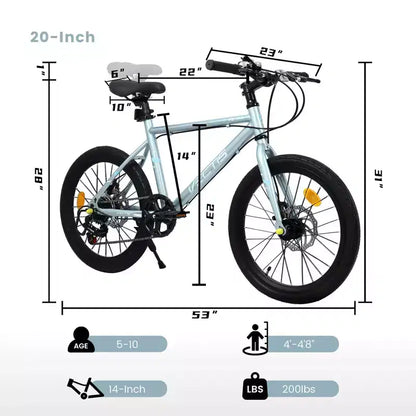 Okak Bici per Bambini 20 pollici con 7 velocità e telaio in acciaio, Bici per Bambini con doppi freni a disco e pneumatici da 1.75 pollici, Bici Cruiser per Bambini e Bambine