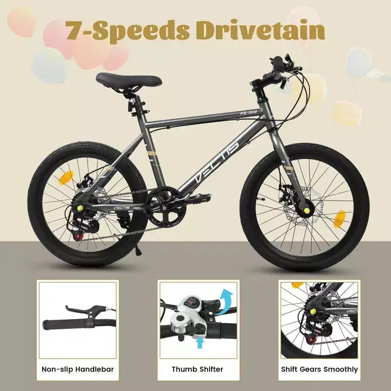 Okak Bici per Bambini 20 pollici con 7 velocità e telaio in acciaio, Bici per Bambini con doppi freni a disco e pneumatici da 1.75 pollici, Bici Cruiser per Bambini e Bambine