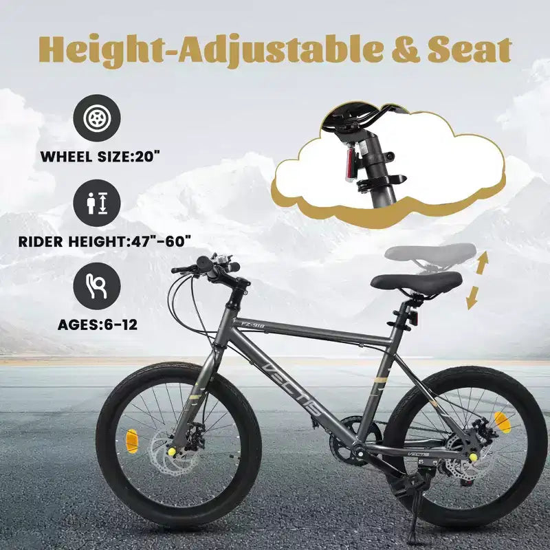 Okak Bici per Bambini 20 pollici con 7 velocità e telaio in acciaio, Bici per Bambini con doppi freni a disco e pneumatici da 1.75 pollici, Bici Cruiser per Bambini e Bambine