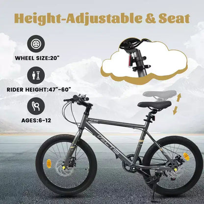 Okak Bici per Bambini 20 pollici con 7 velocità e telaio in acciaio, Bici per Bambini con doppi freni a disco e pneumatici da 1.75 pollici, Bici Cruiser per Bambini e Bambine
