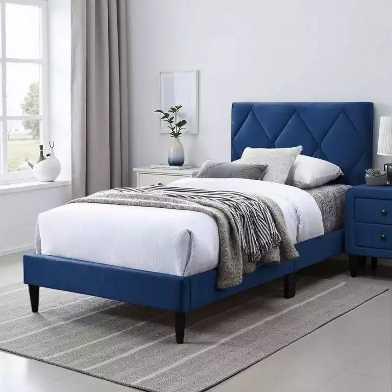 Royal Hampton Twin Bed, Tufted Navy Blue Velvet Upholstery, Diamond Stitch