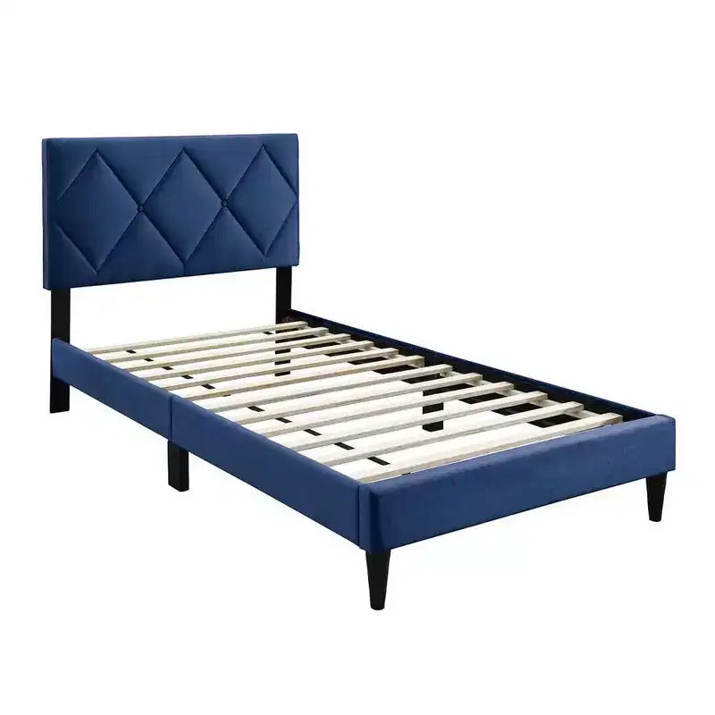 Letto matrimoniale Royal Hampton, rivestimento in velluto blu navy capitonné, cucitura a rombi