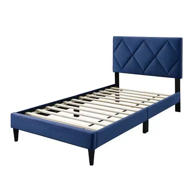 Letto matrimoniale Royal Hampton, rivestimento in velluto blu navy capitonné, cucitura a rombi