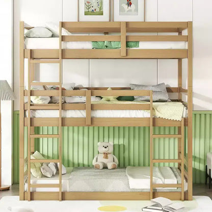 MAYEERTY Triple Rubber Wood Bunk Bed with Two Built in Ladders Guargrails Detachable Triple Twin Bunk Bed Natural