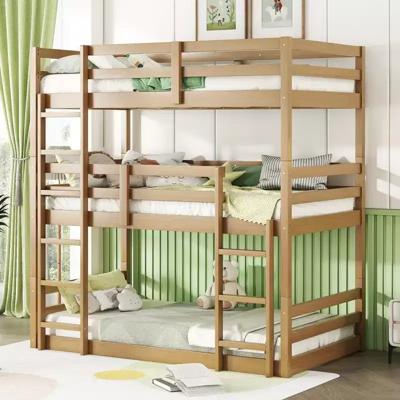 MAYEERTY Letto a Castello Triplo in Legno di Gomma con Due Scalette Integrate Spondine Letto a Castello Triplo Staccabile con Due Letti Gemelli Naturale