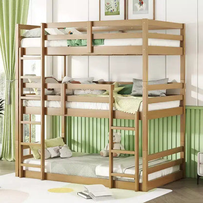 MAYEERTY Letto a Castello Triplo in Legno di Gomma con Due Scalette Integrate Spondine Letto a Castello Triplo Staccabile con Due Letti Gemelli Naturale