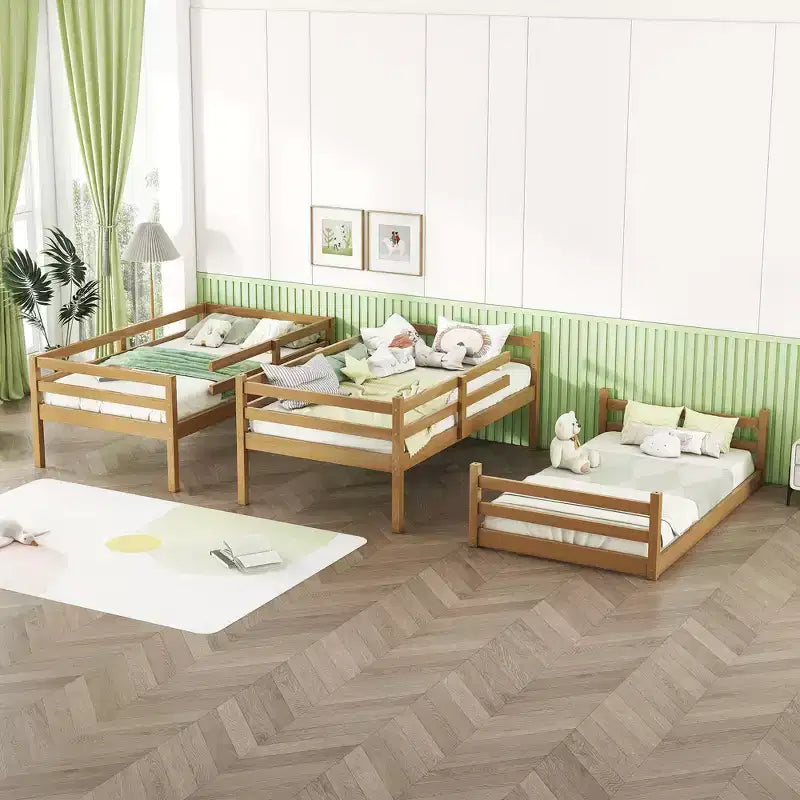 MAYEERTY Letto a Castello Triplo in Legno di Gomma con Due Scalette Integrate Spondine Letto a Castello Triplo Staccabile con Due Letti Gemelli Naturale