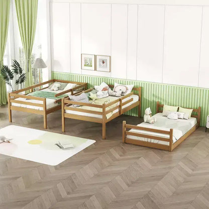 MAYEERTY Letto a Castello Triplo in Legno di Gomma con Due Scalette Integrate Spondine Letto a Castello Triplo Staccabile con Due Letti Gemelli Naturale