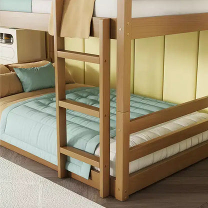 MAYEERTY Letto a Castello Triplo in Legno di Gomma con Due Scalette Integrate Spondine Letto a Castello Triplo Staccabile con Due Letti Gemelli Naturale