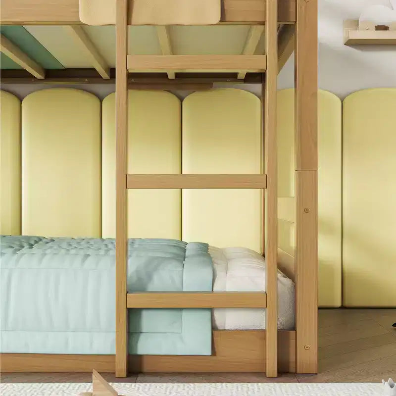 MAYEERTY Letto a Castello Triplo in Legno di Gomma con Due Scalette Integrate Spondine Letto a Castello Triplo Staccabile con Due Letti Gemelli Naturale