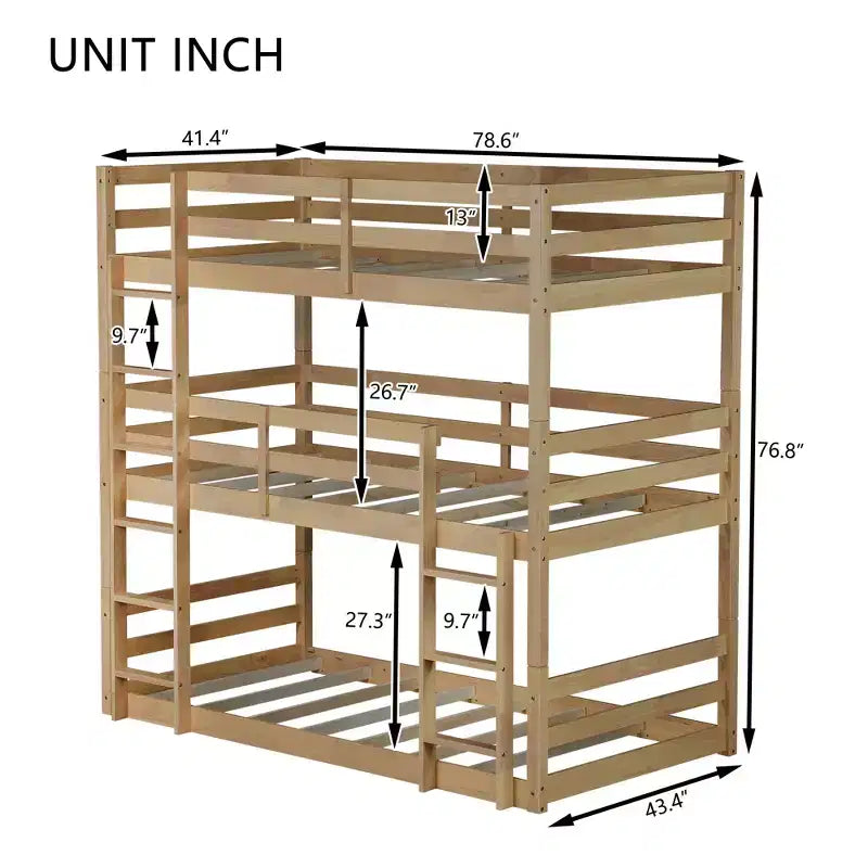 MAYEERTY Letto a Castello Triplo in Legno di Gomma con Due Scalette Integrate Spondine Letto a Castello Triplo Staccabile con Due Letti Gemelli Naturale