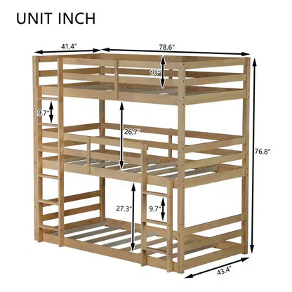 MAYEERTY Letto a Castello Triplo in Legno di Gomma con Due Scalette Integrate Spondine Letto a Castello Triplo Staccabile con Due Letti Gemelli Naturale