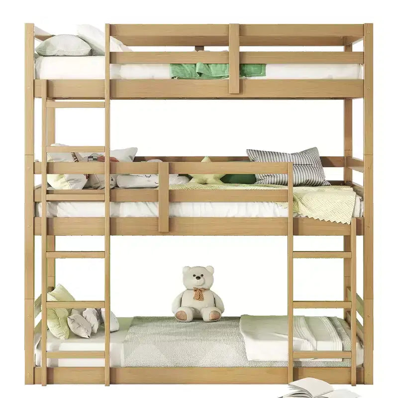 MAYEERTY Letto a Castello Triplo in Legno di Gomma con Due Scalette Integrate Spondine Letto a Castello Triplo Staccabile con Due Letti Gemelli Naturale